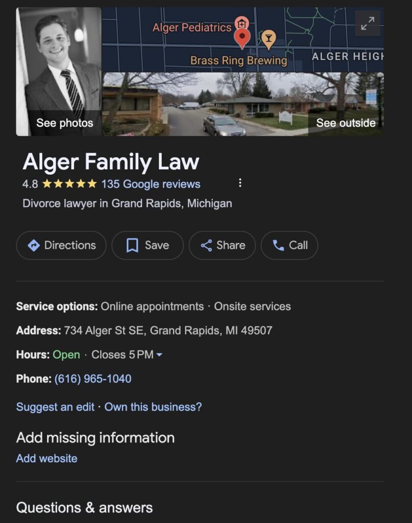 screenshot of google business panel for a family law firm in Grand Rapids, MI